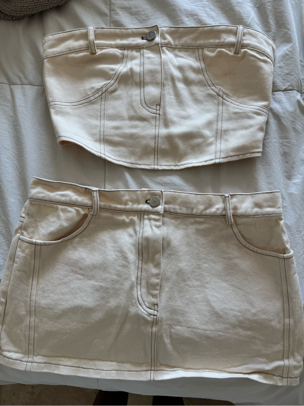 Peppermayo Cream Denim Two-Piece Strapless Top & Mini Skirt